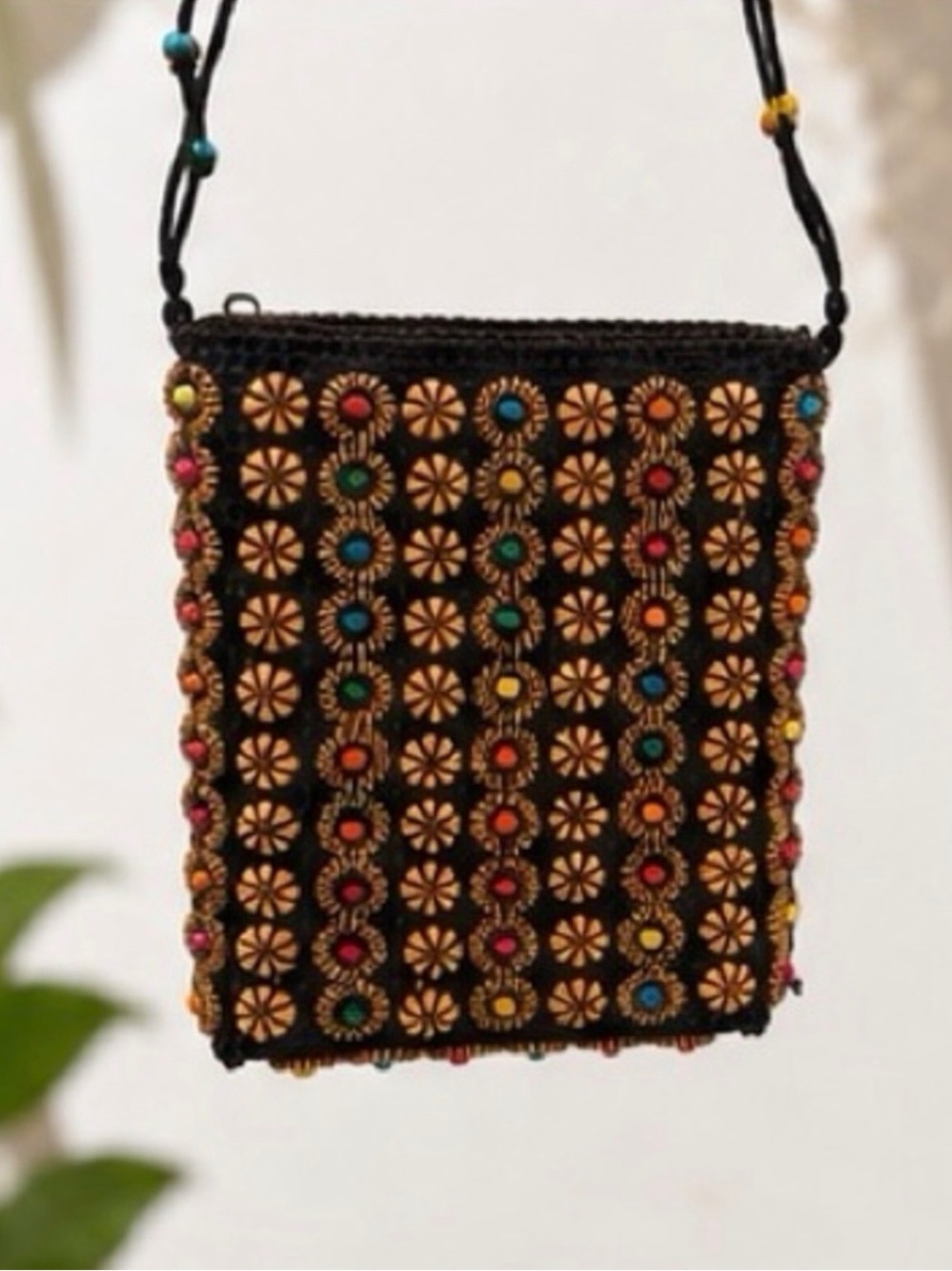 Handcrafted Black Beaded Crossbody with Multicolor Medallions - Picture 5 of 5